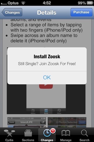 Zoosk ad popup on Cydia