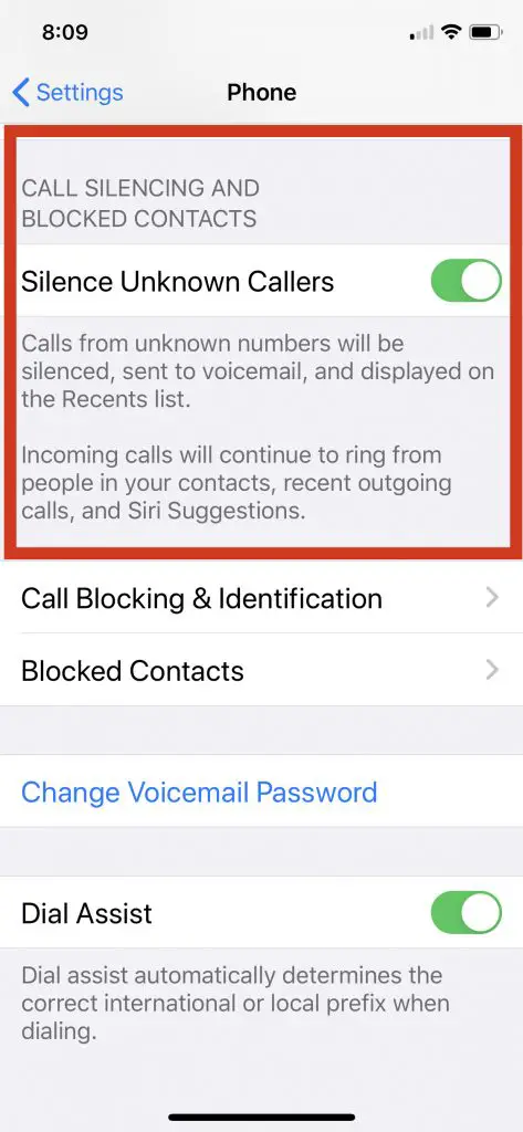 Turn on Setting for Unknown Call Blocking